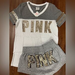 VS PINK BLING EVERYDAY TSHIRT/ RETRO SHORTS OUTFIT SET XS